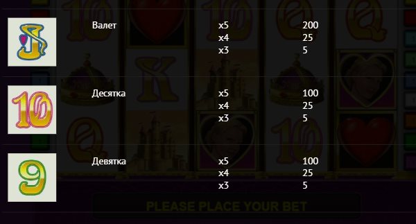 Карточная девятка - наименее значительный символ слота Таблица выплат игрового аппарата Квин оф Херц